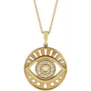 14K Yellow Gold Round 3Mm G-H I1 Natural Ethiopian Opal And 1/6 Ctw Natural Diamond Evil Eye Necklace, Length: 18 In
