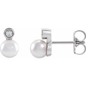 Sterling Silver Pearl 5 Mm White Akoya Pearl And .06 Ctw Natural Diamond Bezel-Set Earrings