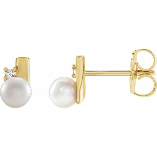 14K Yellow Gold Pair 4Mm I1, G-H Friction Polished Cultured White Akoya Pearl And .03 Ctw Natural Diamond Geometric Earrings