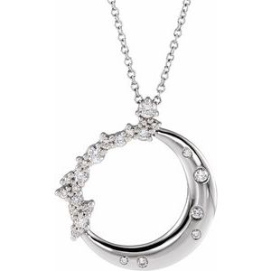 14K White Gold Round G-H I1 Scattered 1/4 Ctw Natural Diamond Crescent Moon Necklace, Length: 18 In