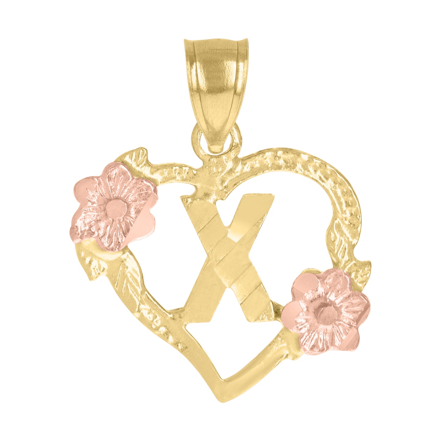 10K Two-Tone Gold Womens Heart Flower Initial Letter Charm Pendant