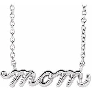 14K White Gold 18.35 X 5 Mm 16 In Polished Petite Mom Script Necklace