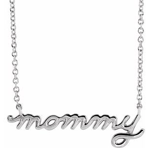 14K White Gold 25.04 X 7.61 Mm 18 In Polished Petite Mommy Script Necklace
