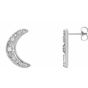 Platinum Round Natural White Opal And 1/8 Ctw Natural Diamond Cabochon Crescent Moon Earrings