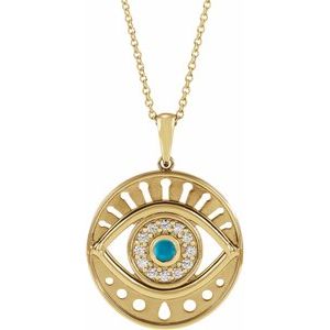 14K Yellow Gold Round 3Mm G-H I1 Natural Turquoise And 1/6 Ctw Natural Diamond Evil Eye Necklace, Length: 18 In