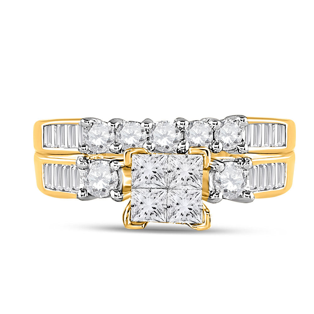 10K Yellow Gold Princess Diamond Cluster Bridal Wedding Ring Band Set 7/8 Cttw, Womens Size: 5-10