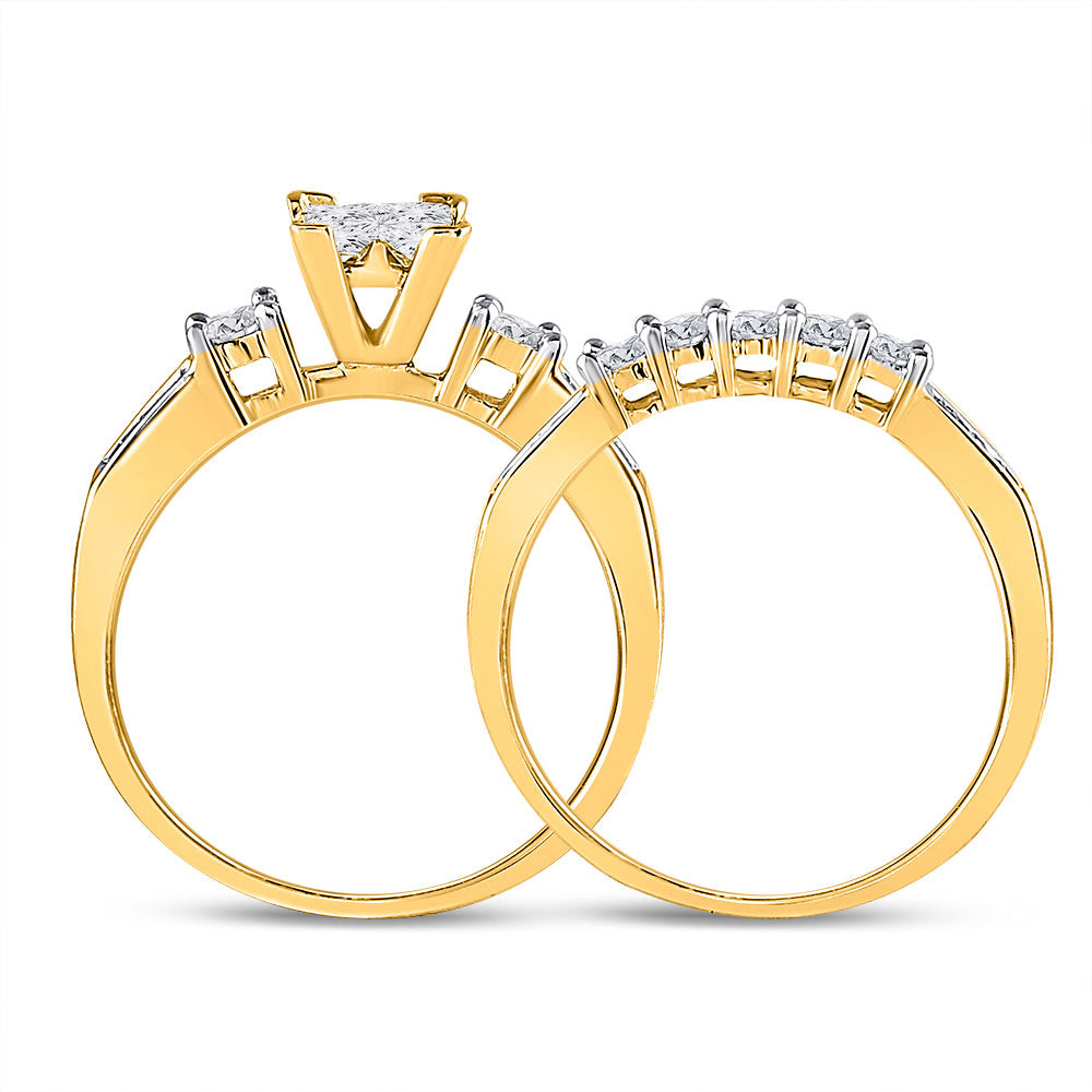 10K Yellow Gold Princess Diamond Cluster Bridal Wedding Ring Band Set 7/8 Cttw, Womens Size: 5-10