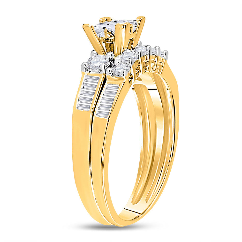 10K Yellow Gold Princess Diamond Cluster Bridal Wedding Ring Band Set 7/8 Cttw, Womens Size: 5-10