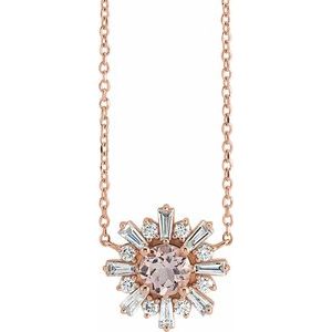 14K Rose Gold Round 5Mm G-H Si2-Si3 Natural Morganite And 3/8 Ctw Natural Diamond Starburst Necklace, Length: 18 In