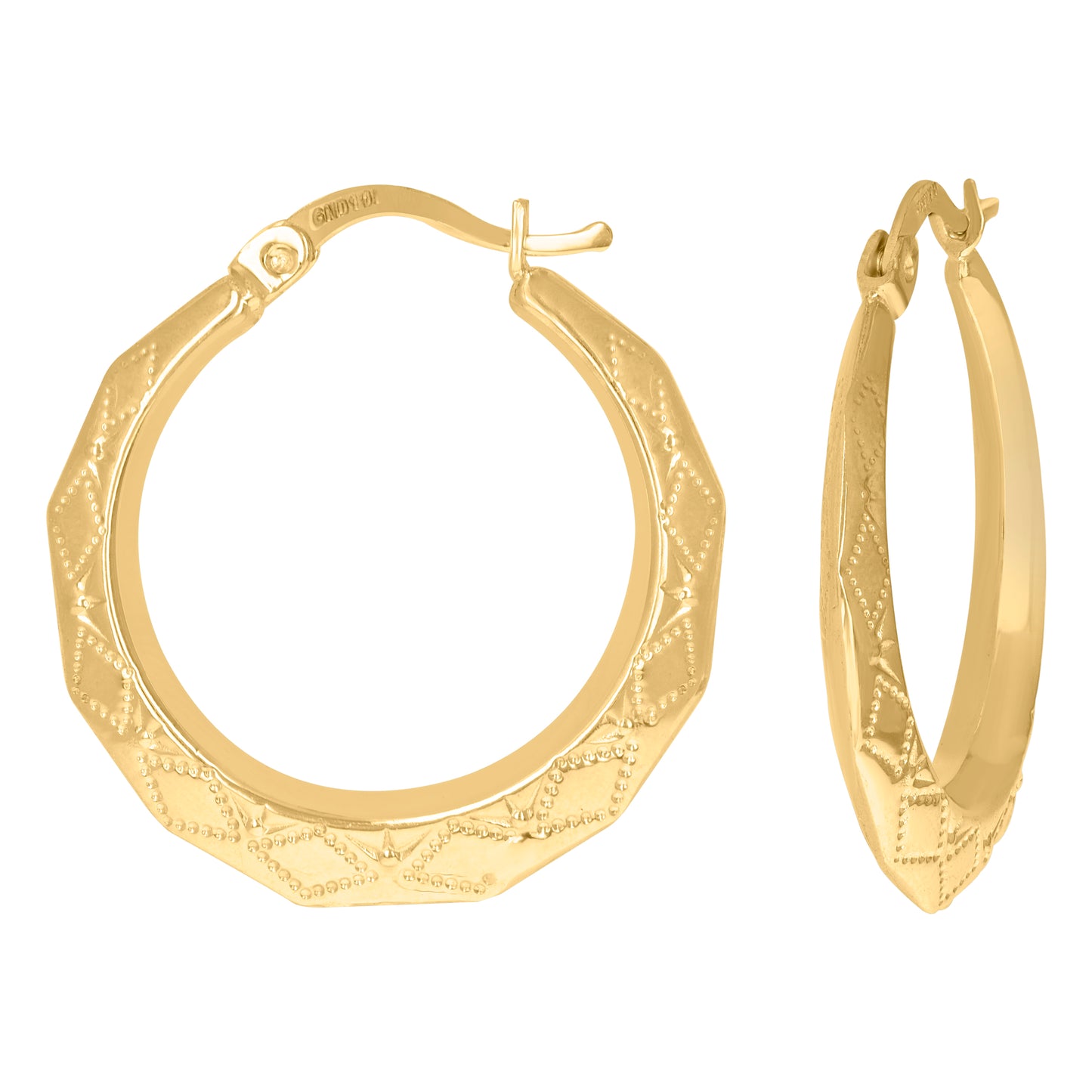 10K Yellow Gold Dc Womens Embossed Hinged Hoops Huggies