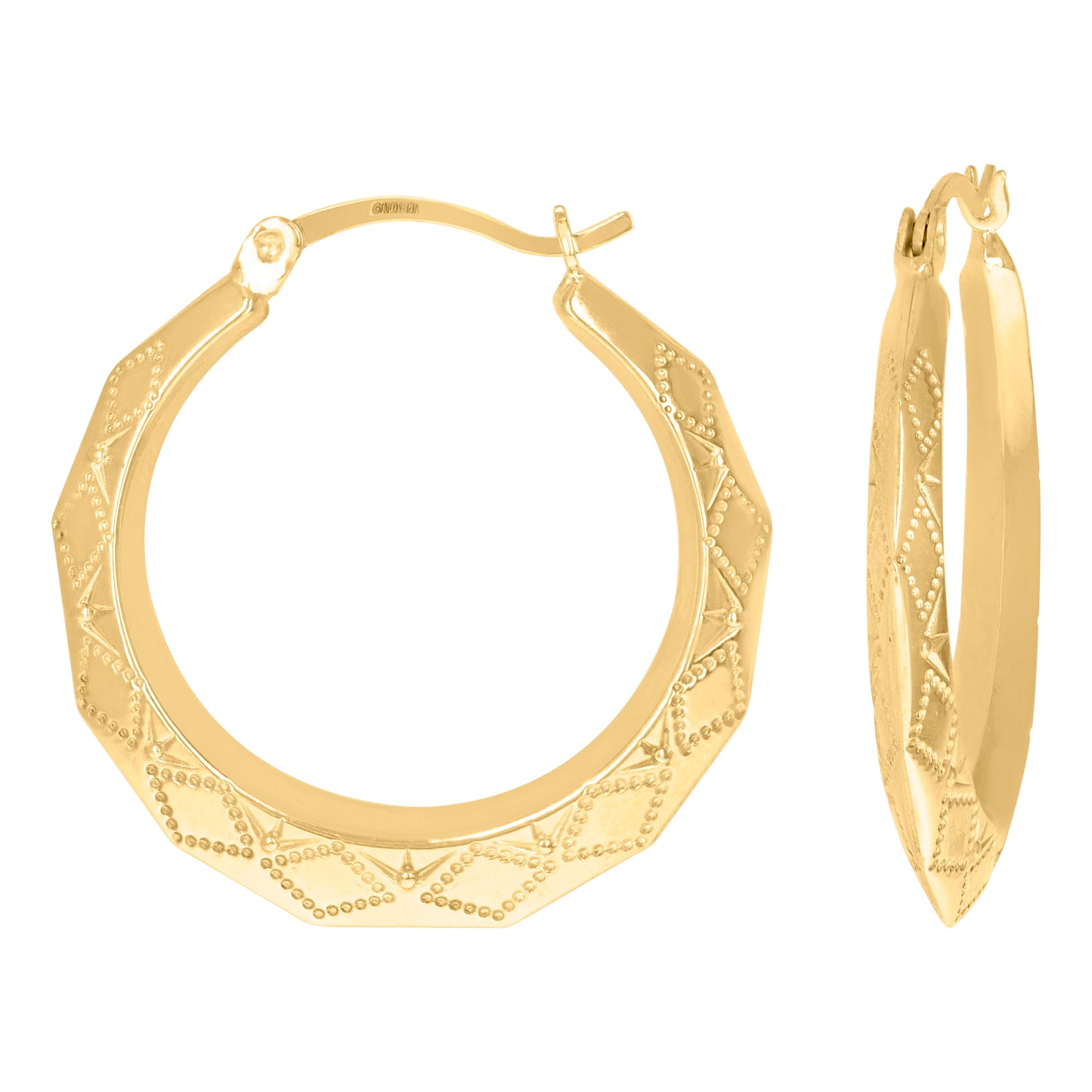 10K Yellow Gold Dc Womens Embossed Hinged Hoops Huggies