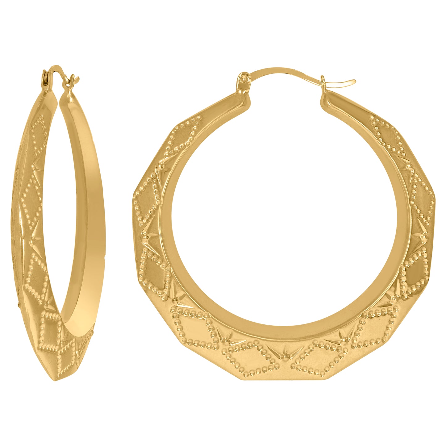 10K Yellow Gold Dc Womens Embossed Hinged Hoops Huggies