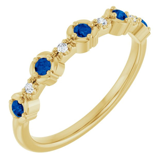 14K Yellow Or White Gold Round 2 Mm Polished Natural Blue Sapphire And .04 Ctw Natural Diamond Stackable Ring, Size 7