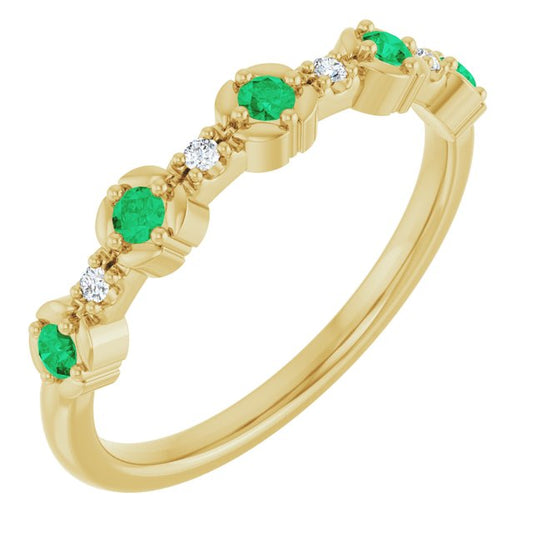 14K Yellow Gold Round 2 Mm Polished Natural Emerald And .04 Ctw Natural Diamond Stackable Ring, Size 7