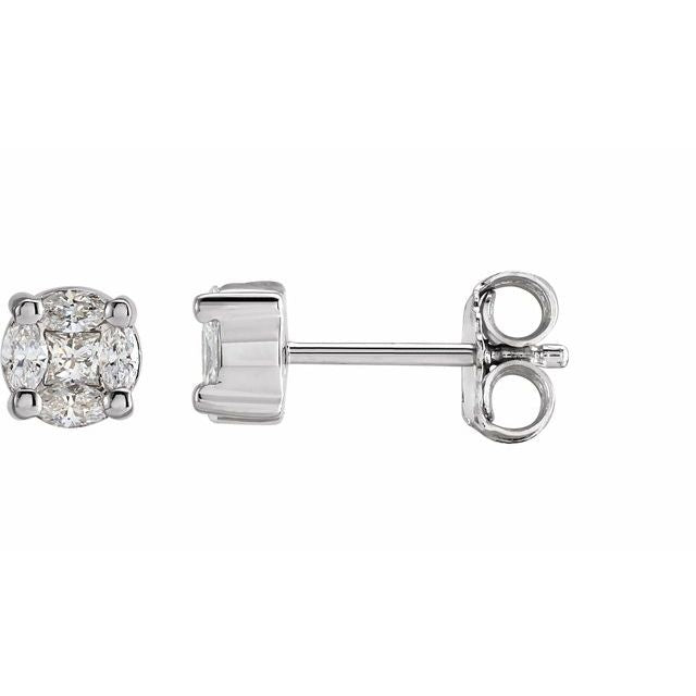 14K White Gold Square Friction Back Polished Natural Diamond Cluster Earrings With Backs