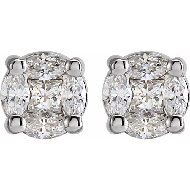 14K White Gold Square Friction Back Polished Natural Diamond Cluster Earrings With Backs