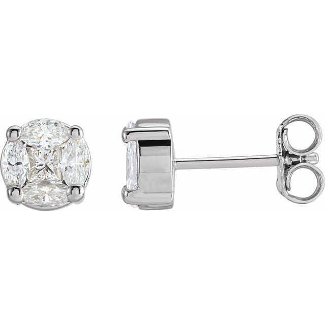 14K White Gold Square Friction Back Polished Natural Diamond Cluster Earrings With Backs