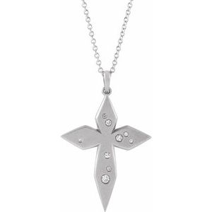 14K White Gold Round G-H I1 .08 Ctw Natural Diamond Cross Necklace, Length: 18 In