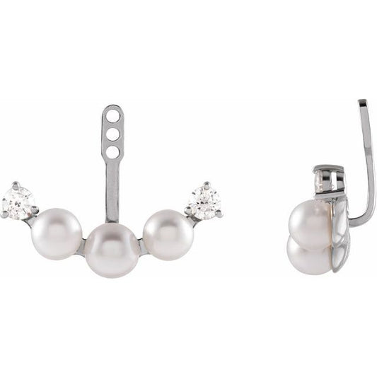 14K White Gold 4.5 Mm Polished Cultured White Akoya Pearl And 1/4 Ctw Natural Diamond Earring Jackets