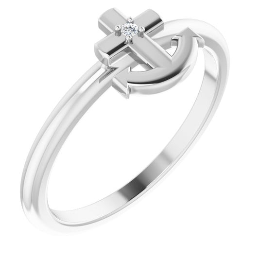 14K White Gold Round 1.3 Mm Polished .01 Ct Natural Diamond Cross And Anchor Ring, Size 7