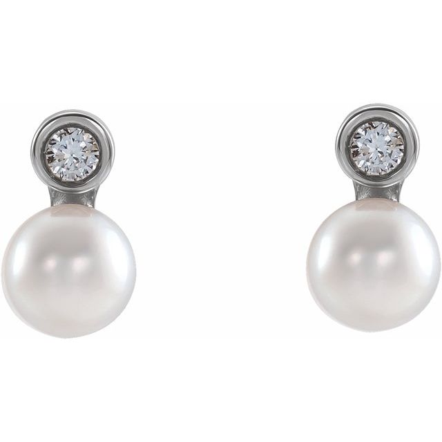 14K Yellow Or White Gold 4 Mm Friction Backs Polished Cultured White Akoya Pearl And .03 Ctw Natural Diamond Bezel-Set Earrings