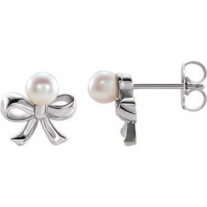 Sterling Silver Pearl 4 Mm White Akoya Pearl Bow Earrings
