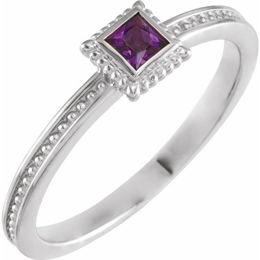 14K White Gold Square 3 X 3 Mm Polished Natural Amethyst Stackable Family Ring, Size 7