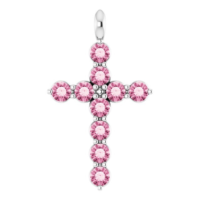 14K White Gold  Round 2 Mm 18.4 X 10.8 Mm Polished Natural Pink Tourmaline Cross Pendant