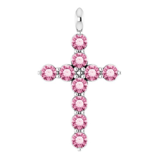 14K White Gold  Round 2 Mm 18.4 X 10.8 Mm Polished Natural Pink Tourmaline Cross Pendant