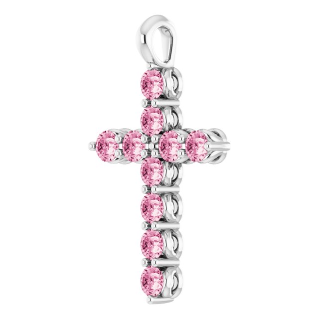 14K White Gold  Round 2 Mm 18.4 X 10.8 Mm Polished Natural Pink Tourmaline Cross Pendant