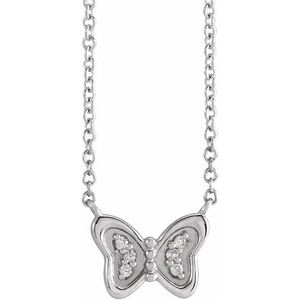 14K White Gold Round 1Mm G-H I1 .025 Ctw Natural Diamond Butterfly Necklace, Length: 18 In