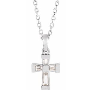 14K White Gold Tapered Baguette 4 X 1.5 X 1Mm Ghi Si2-Si3 1/10 Ctw Natural Diamond Baguette Cross Necklace, Length: 18 In