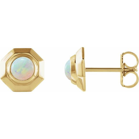 14K Yellow Gold 4 Mm Round Friction Back Polished Natural White Opal Cabochon Stud Earrings