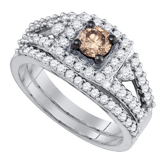14K White Gold Womens Round Brown Diamond Bridal Wedding Ring Band Set 1 Cttw, Womens Size: 5-10