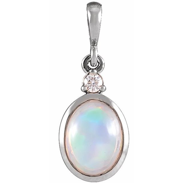 14K Yellow Or White Gold Oval I1, G-H Polished Natural Ethiopian Opal And Natural Diamond Bezel-Set Cabochon Pendant