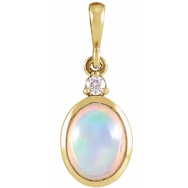 14K Yellow Or White Gold Oval I1, G-H Polished Natural Ethiopian Opal And Natural Diamond Bezel-Set Cabochon Pendant