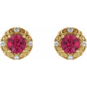 14K Yellow Gold Round 5 Mm Natural Ruby And 1/6 Ctw Natural Diamond Earrings