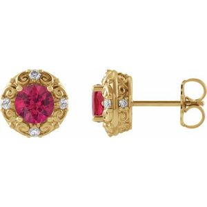 14K Yellow Gold Round 5 Mm Natural Ruby And 1/6 Ctw Natural Diamond Earrings
