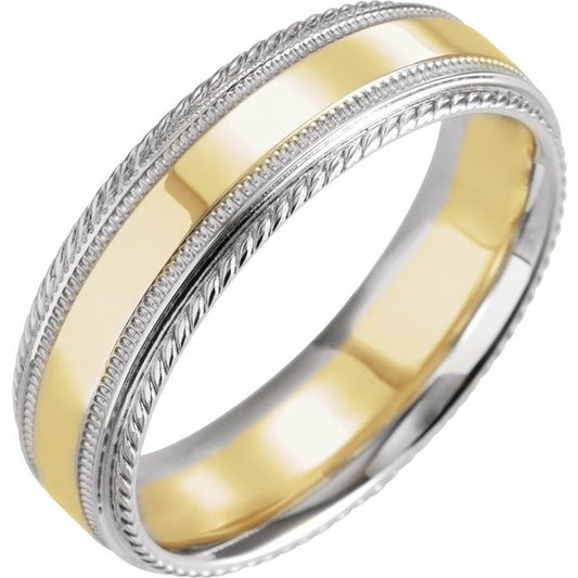 14K White/Yellow/White 6 Mm Polished Milgrain Rope Stepped Edge Comfort-Fit Band, Size 10.5