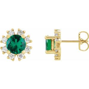 14K Yellow Gold Round 4 Mm Natural Emerald And .06 Ctw Natural Diamond Earrings