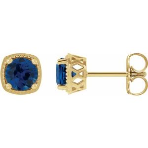 14K Yellow Gold Round 4.5 Mm Natural Blue Sapphire Earrings