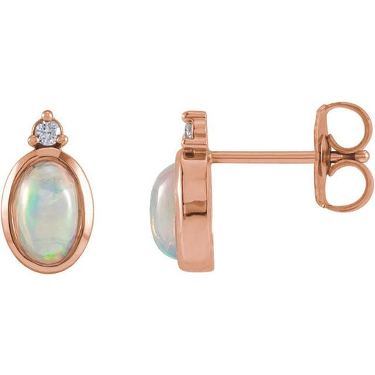 14K Yellow Or White Or Rose Gold Oval 6 X 4 Mm Friction Back Polished Natural Ethiopian Opal And .03 Ctw Natural Diamond Bezel-Set Earrings