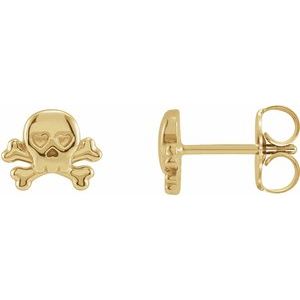 14K Yellow Gold 7.5 X 6.12 Mm Pair Friction Backs Polished Petite Skull And Crossbones Earrings