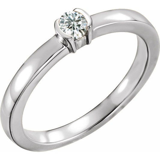 14K White Gold Round 3.5 Mm Polished 1/5 Ct Natural Diamond Stackable Family Ring, Size 7