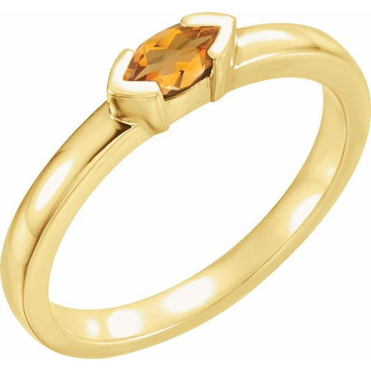 14K Yellow Gold Marquise 6 X 3 Mm Polished Natural Citrine Stackable Family Ring, Size 7