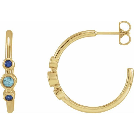 14K Yellow Gold 3 Mm Round Friction Back Polished Natural Blue Multi-Stone Bezel-Set Hoop Earrings