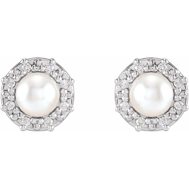 14K White Gold Pair 4Mm I1, G-H Friction Polished Cultured White Akoya Pearl And .07 Ctw Natural Diamond Halo-Style Earrings