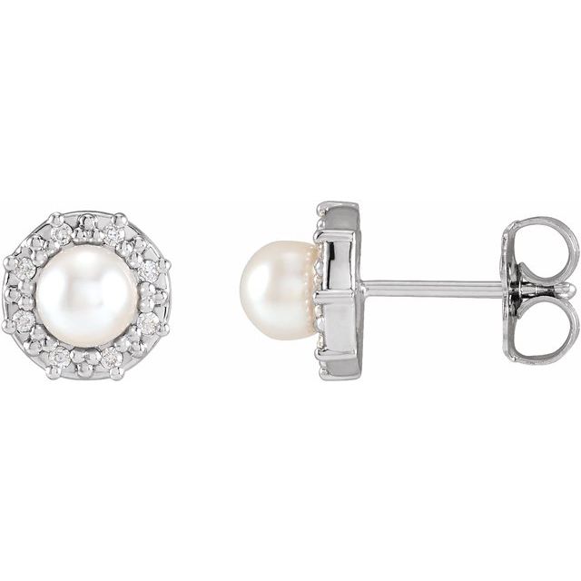 14K White Gold Pair 4Mm I1, G-H Friction Polished Cultured White Akoya Pearl And .07 Ctw Natural Diamond Halo-Style Earrings