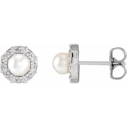 14K White Gold Pair 4Mm I1, G-H Friction Polished Cultured White Akoya Pearl And .07 Ctw Natural Diamond Halo-Style Earrings