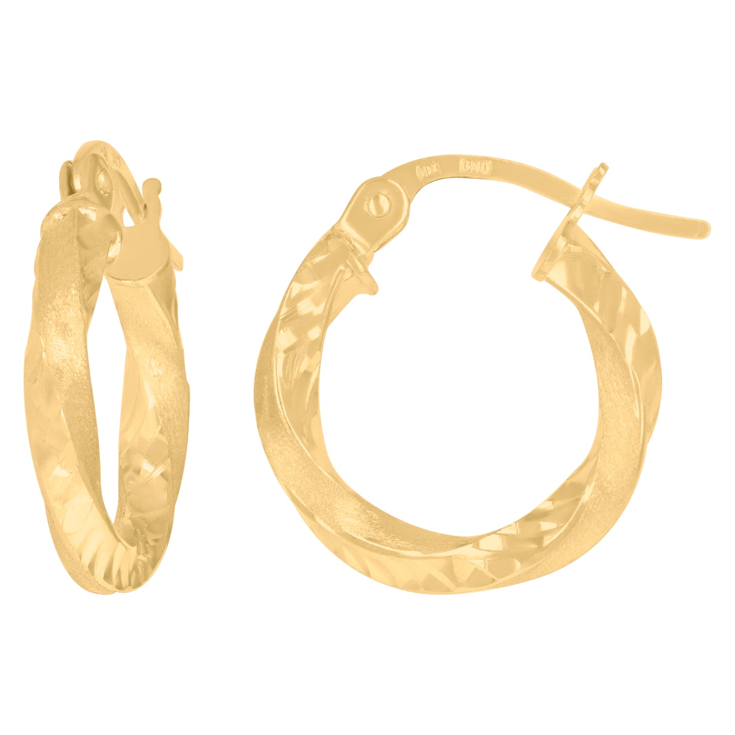 10K Yellow Gold Womens Twisted Tube Diamond-cut Brushed 2mm Hinged Hoops Huggies